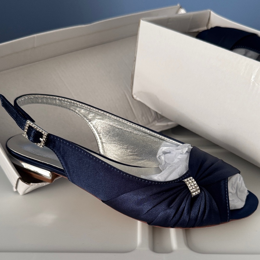 Satin Blue Slingback Low Heels